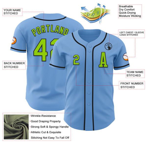 Custom Light Blue Neon Green-Black Authentic Baseball Jersey