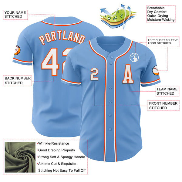 Custom Light Blue White-Orange Authentic Baseball Jersey