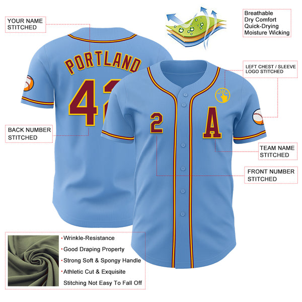 Custom Light Blue Crimson-Yellow Authentic Baseball Jersey