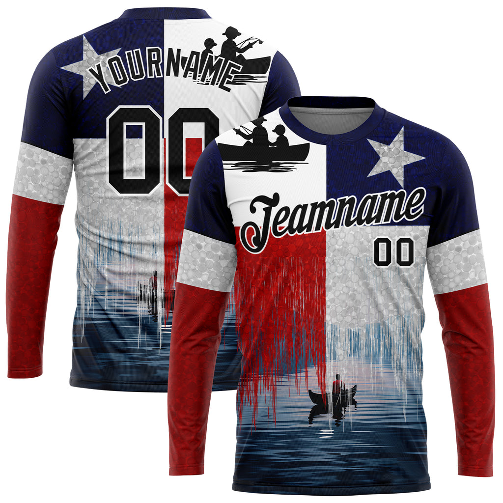 Custom Red Black-Navy 3D Chilean Flag And Fish Fishing Long Sleeve Performance T-Shirt