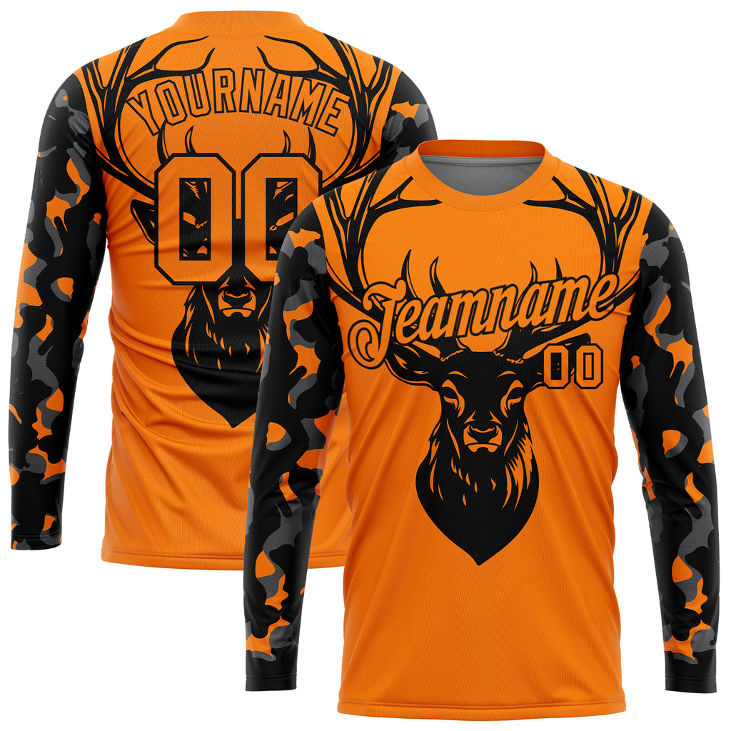 Custom Bay Orange Black-Camo 3D Animal Deer Hunting Long Sleeve Performance T-Shirt