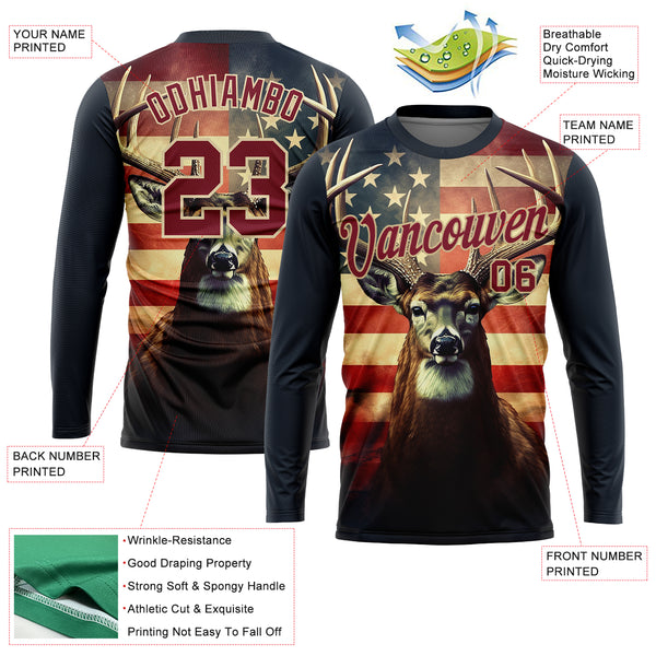 Custom Navy Crimson-City Cream 3D Animal Deer Hunting American Flag Long Sleeve Performance T-Shirt