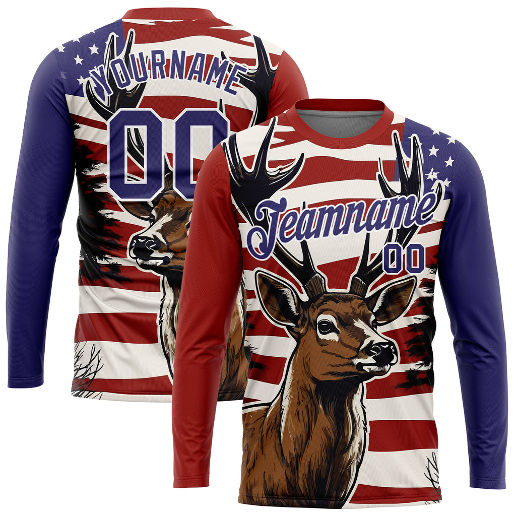 Custom Red Purple-White 3D Animal Deer Hunting American Flag Long Sleeve Performance T-Shirt