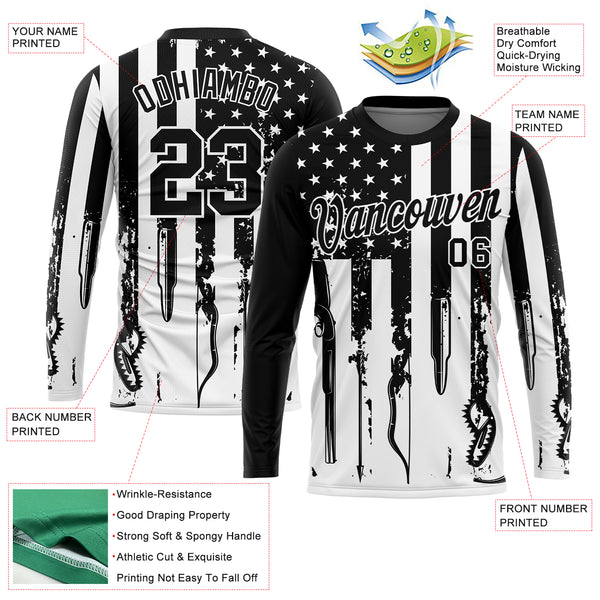 Custom Black White 3D Hunting Tools American Flag Long Sleeve Performance T-Shirt