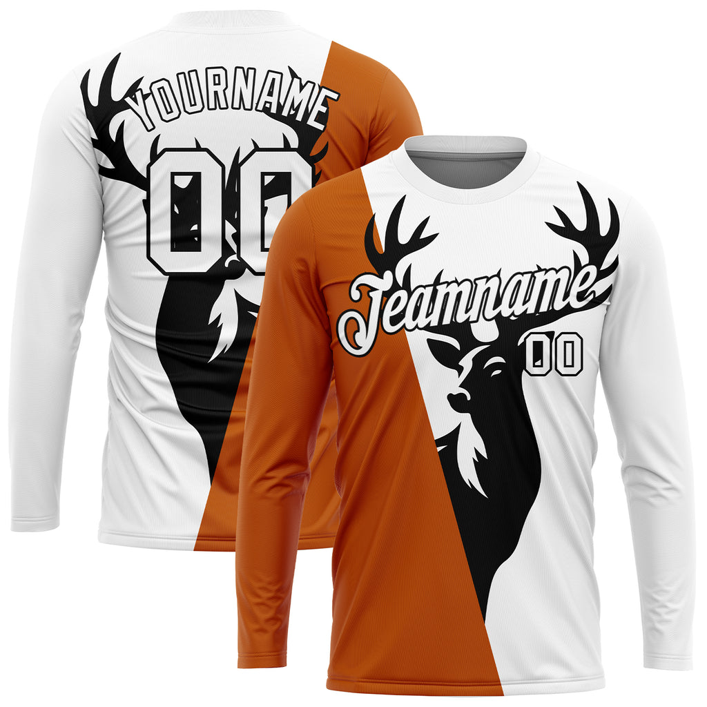 Custom White Texas Orange-Black 3D Animal Deer Hunting Long Sleeve Performance T-Shirt