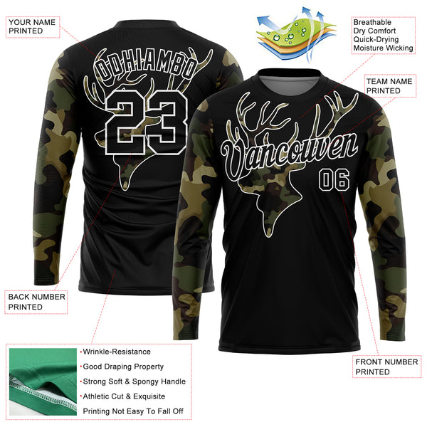 Custom Black Camo-White 3D Animal Deer Hunting Long Sleeve Performance T-Shirt