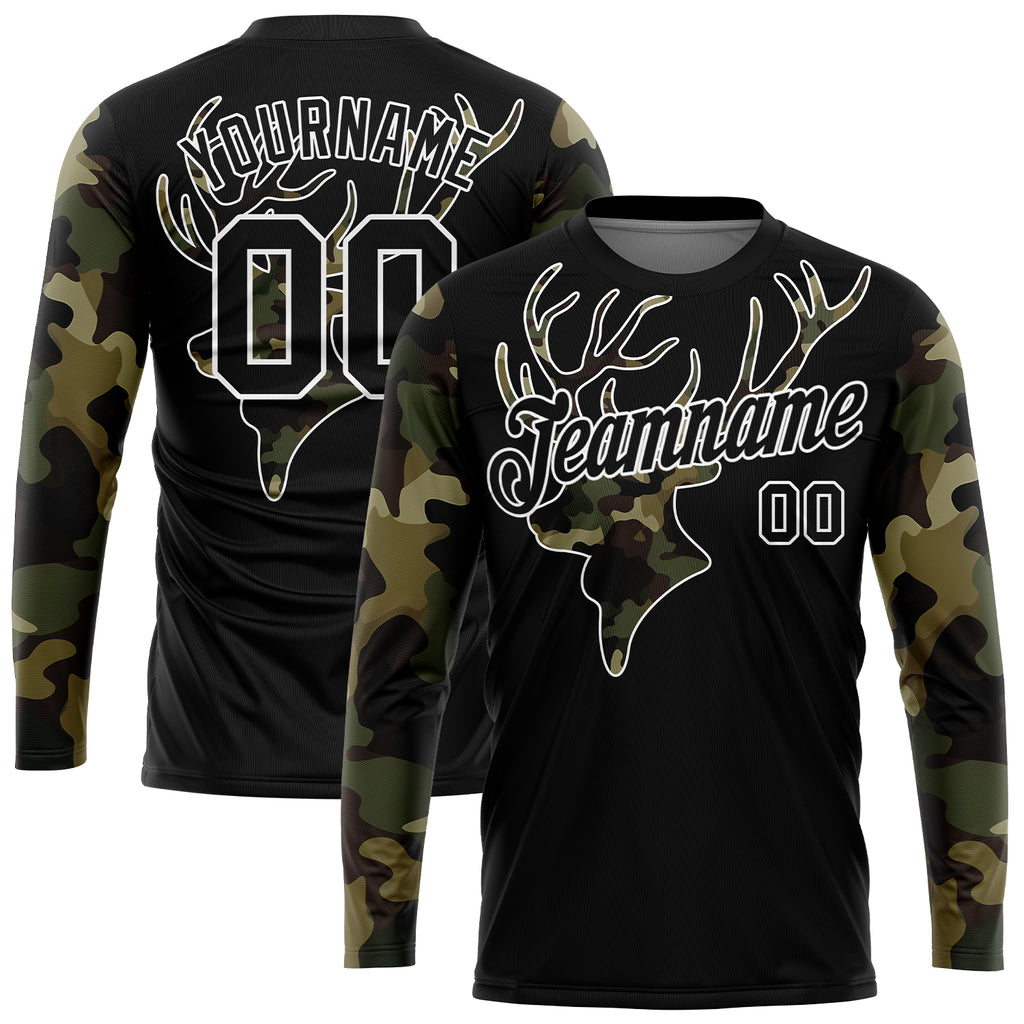 Custom Black Camo-White 3D Animal Deer Hunting Long Sleeve Performance T-Shirt