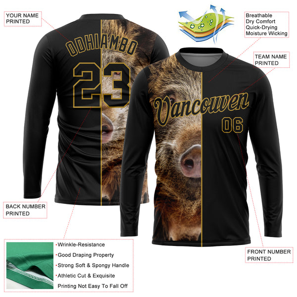 Custom Black Old Gold 3D Animal Boar Hunting Long Sleeve Performance T-Shirt