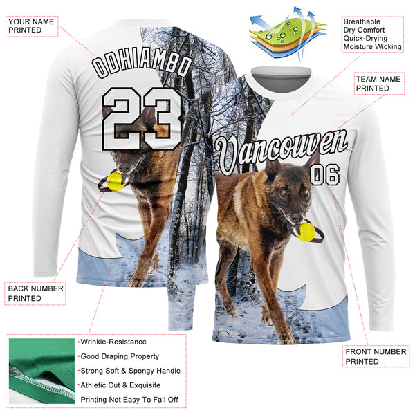 Custom White Black 3D Animal Shepherd Dog Hunting Long Sleeve Performance T-Shirt