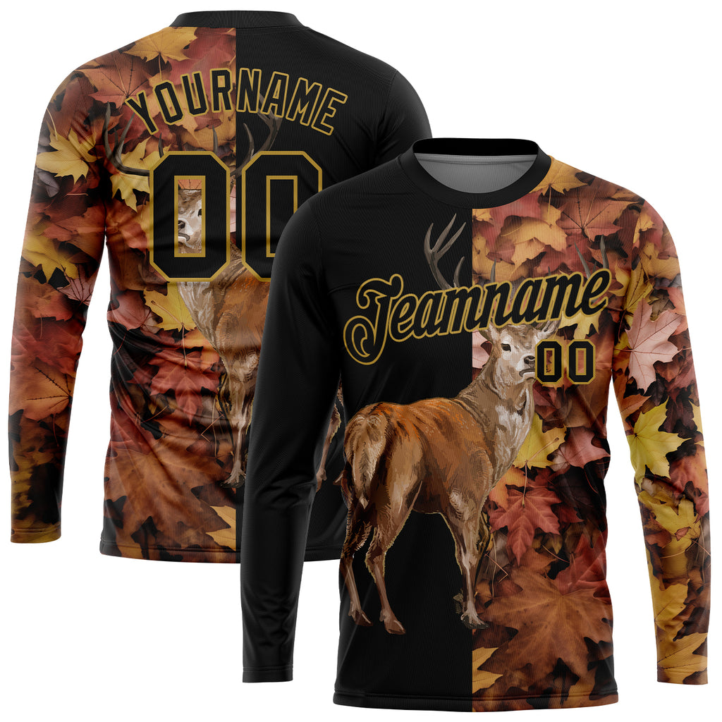 Custom Black Old Gold 3D Animal Deer Hunting Long Sleeve Performance T-Shirt