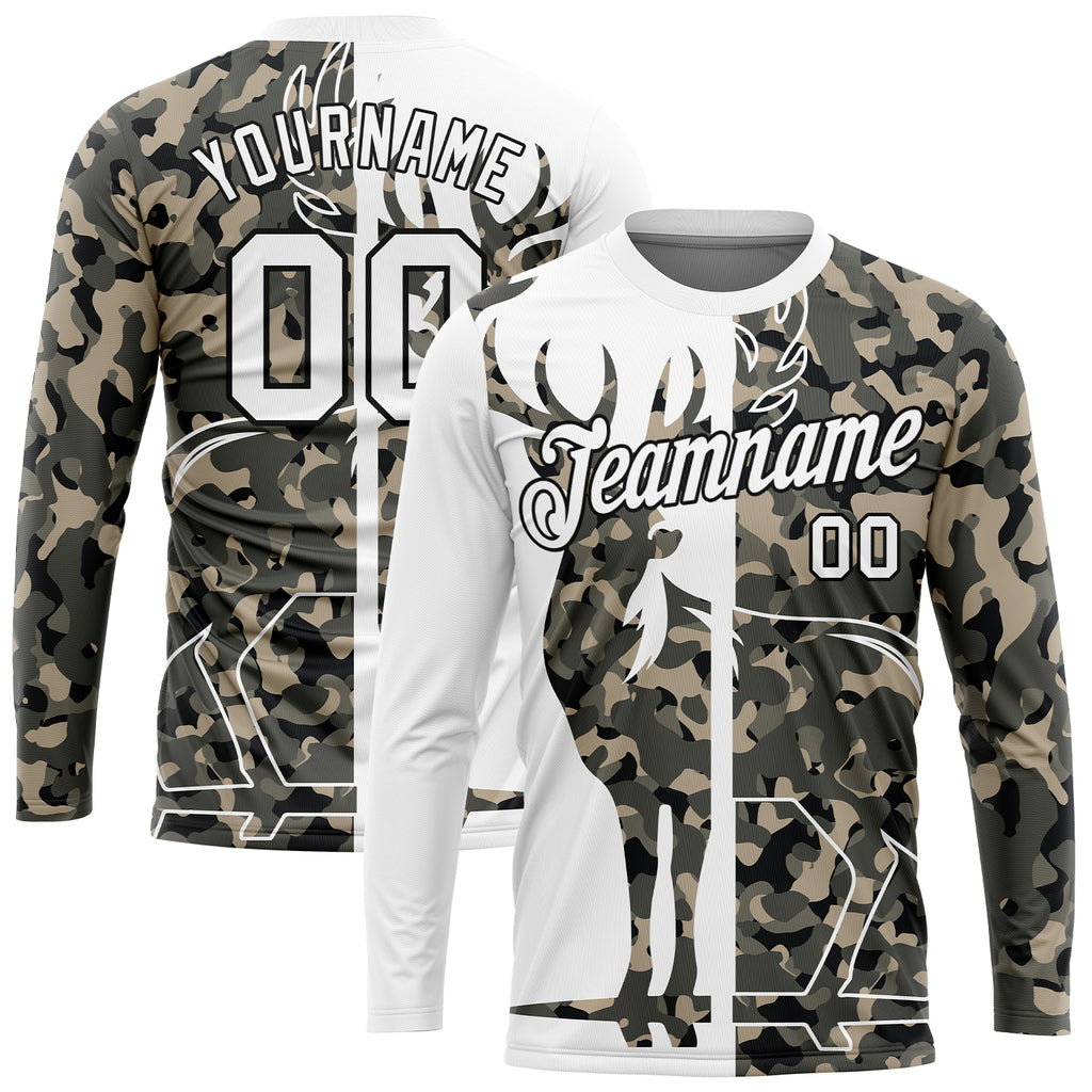 Custom Camo White-Black 3D Animal Deer Hunting Long Sleeve Performance T-Shirt