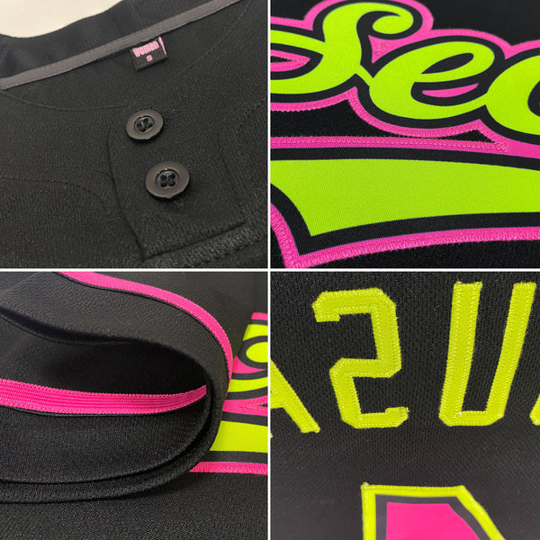 Custom Black Pink-Neon Green Two-Button Unisex Softball Jersey