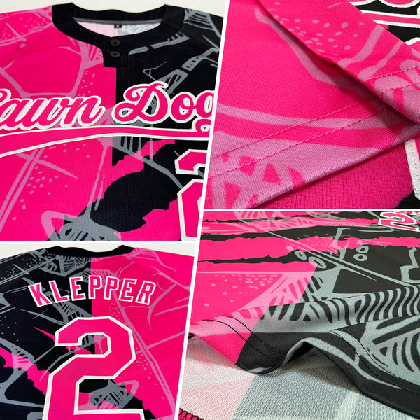 Custom Graffiti Pattern Pink-Black 3D Two-Button Unisex Softball Jersey