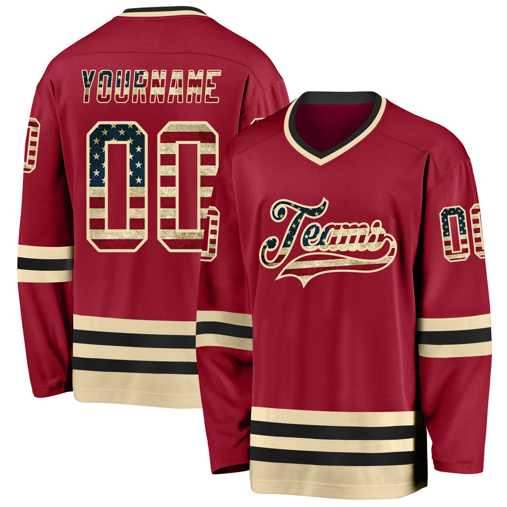 Custom Maroon Vintage USA Flag Cream-Black Hockey Jersey