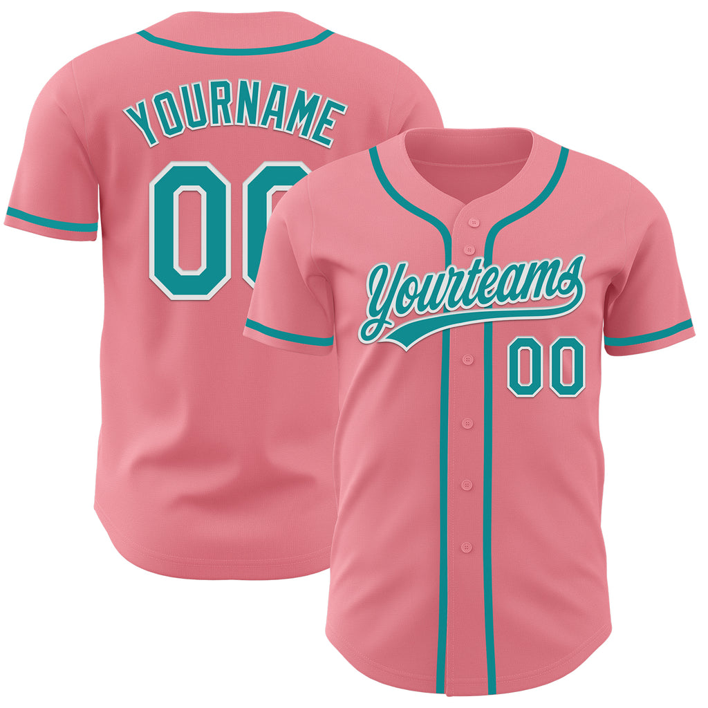 Custom Medium Pink Teal-White Authentic Baseball Jersey