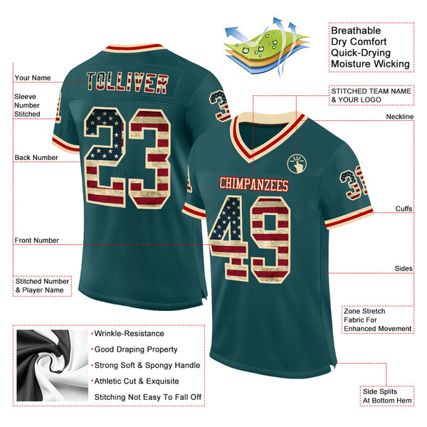 Custom Midnight Green Vintage USA Flag Cream-Red Mesh Authentic Throwback Football Jersey