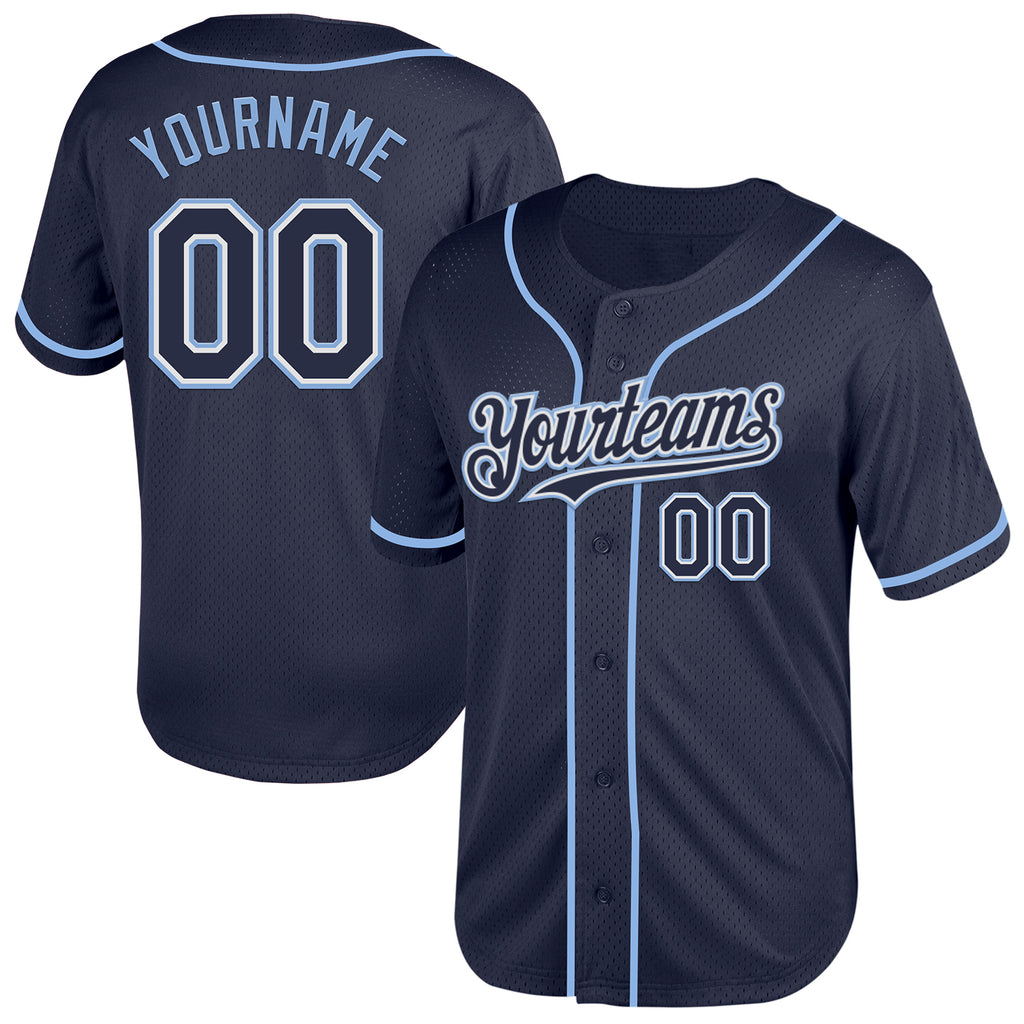 Custom Navy White-Light Blue Mesh Authentic Throwback Baseball Jersey