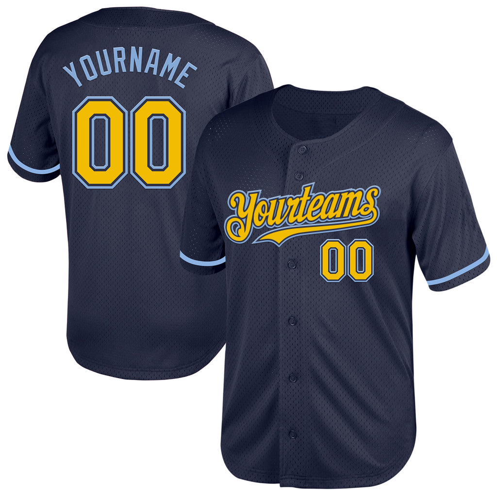 Custom Navy Yellow-Light Blue Mesh Authentic Throwback Baseball Jersey