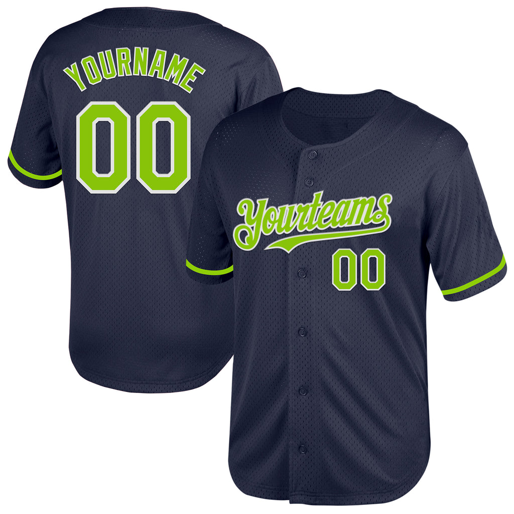 Custom Navy Neon Green-White Mesh Authentic Throwback Baseball Jersey