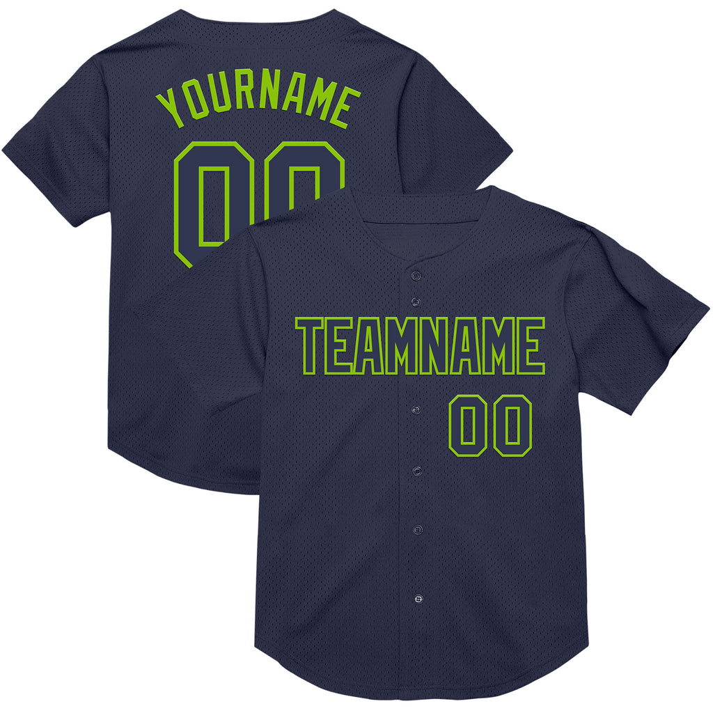 Custom Navy Neon Green Mesh Authentic Throwback Baseball Jersey