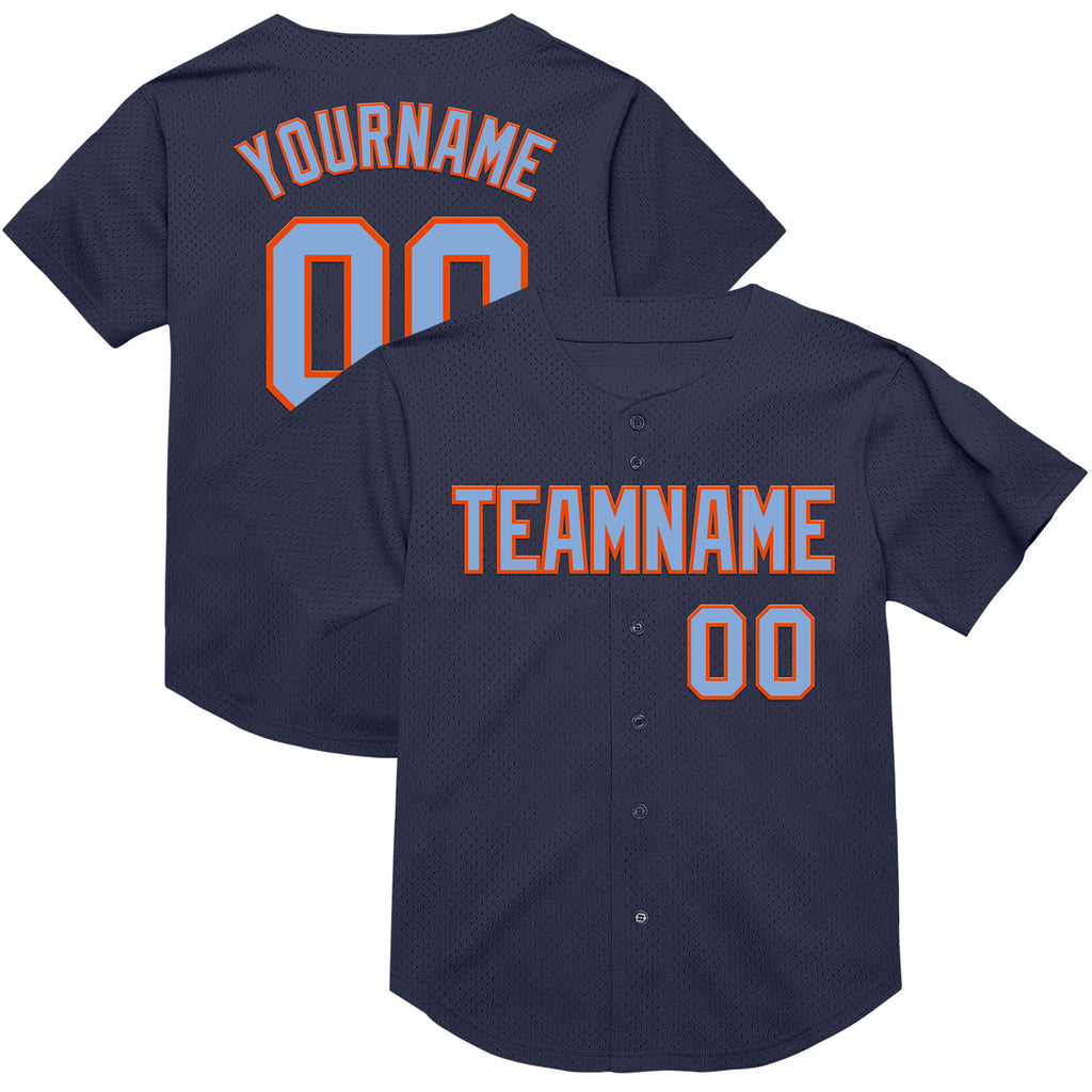 Custom Navy Light Blue-Orange Mesh Authentic Throwback Baseball Jersey