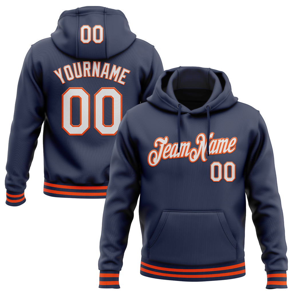 Custom Stitched Navy White-Orange Sports Pullover Sweatshirt Hoodie