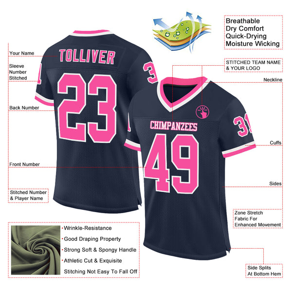 Custom Navy Pink-White Mesh Authentic Throwback Football Jersey