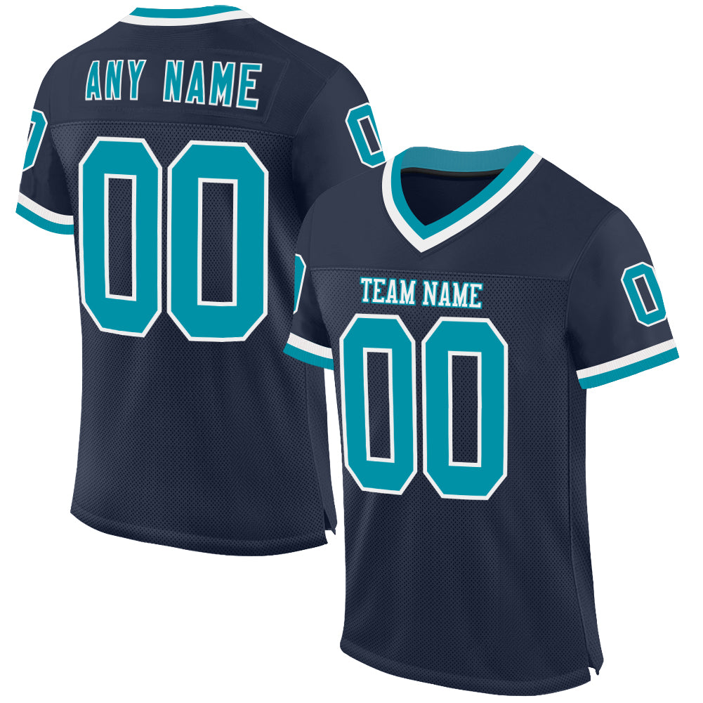 Custom Navy Teal-White Mesh Authentic Throwback Football Jersey