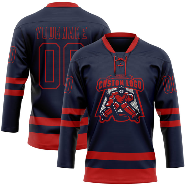 Custom Navy Red Hockey Lace Neck Jersey