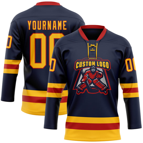 Custom Navy Gold-Red Hockey Lace Neck Jersey