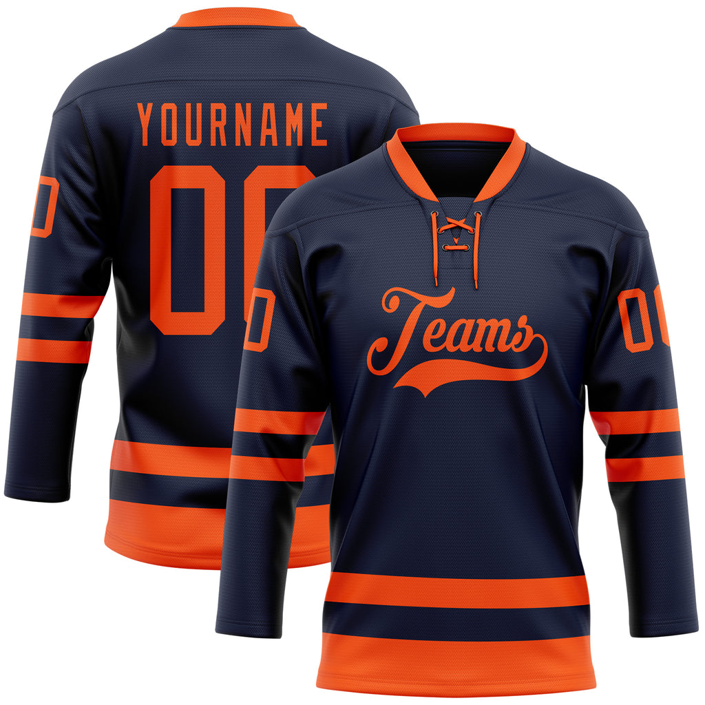 Custom Navy Orange Hockey Lace Neck Jersey