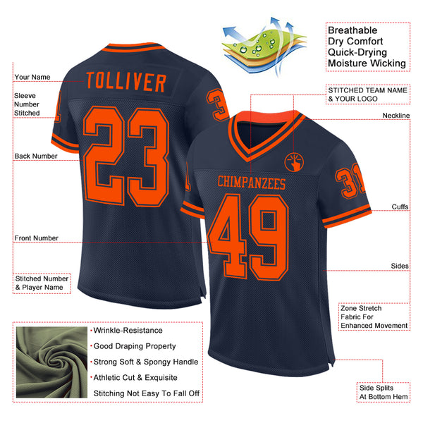 Custom Navy Orange Mesh Authentic Throwback Football Jersey