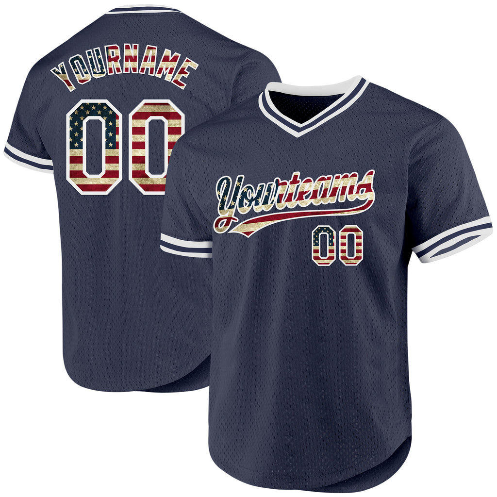 Custom Navy Vintage USA Flag-White Authentic Throwback Baseball Jersey