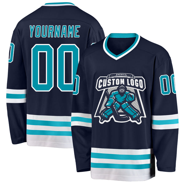 Custom Navy Teal-White Hockey Jersey