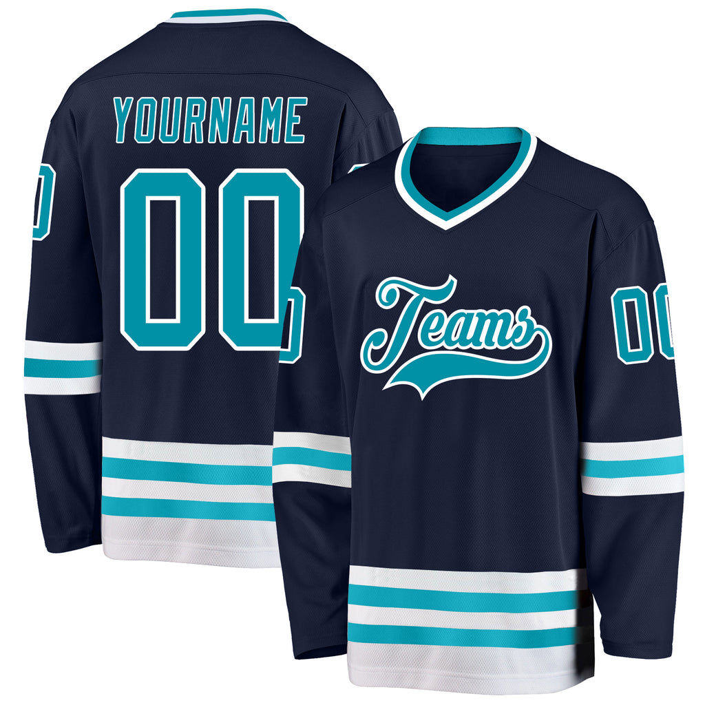 Custom Navy Teal-White Hockey Jersey