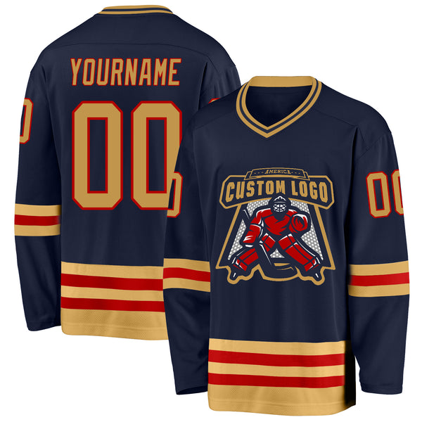 Custom Navy Old Gold-Red Hockey Jersey