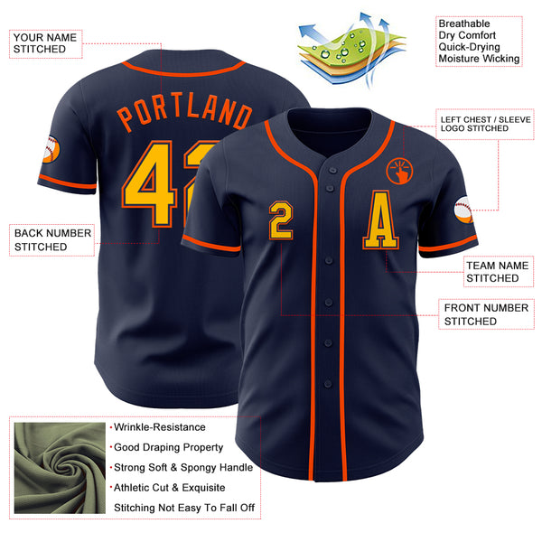 Custom Navy Gold-Orange Authentic Baseball Jersey