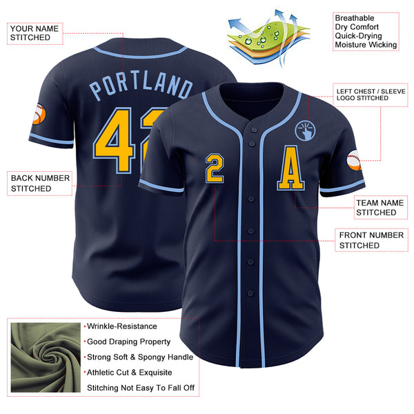 Custom Navy Gold-Light Blue Authentic Baseball Jersey