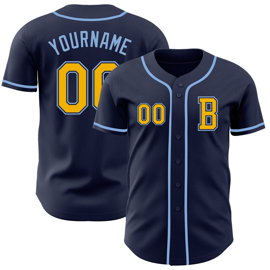 Custom Navy Gold-Light Blue Authentic Baseball Jersey