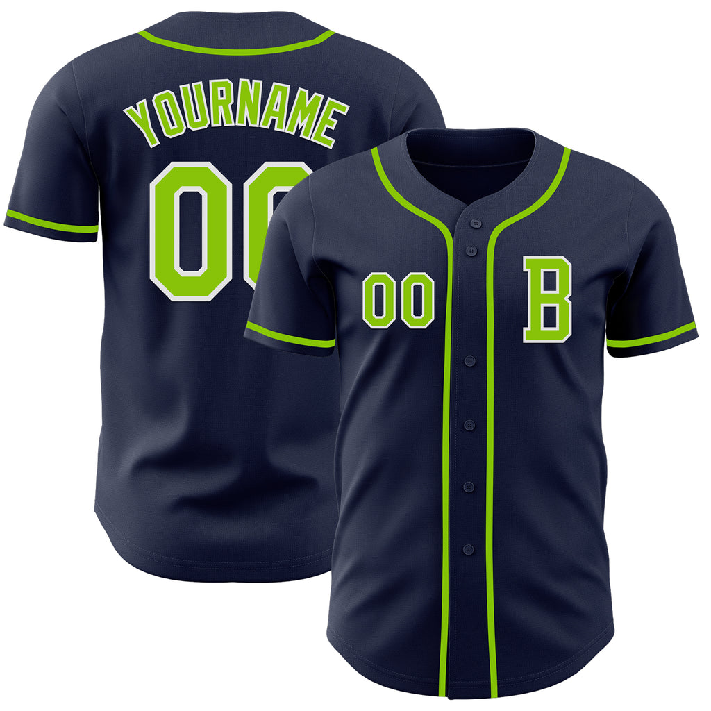 Custom Navy Neon Green-White Authentic Baseball Jersey