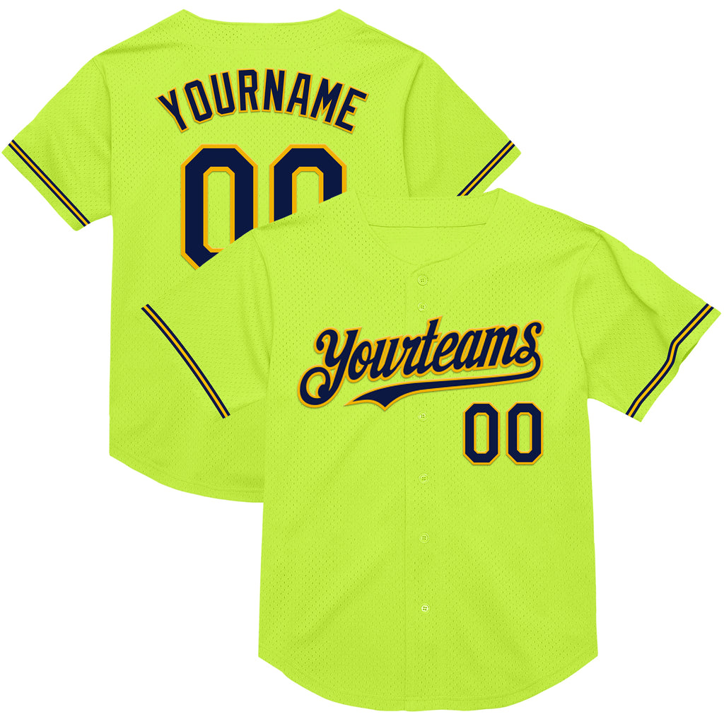 Custom Neon Green Navy-Gold Mesh Authentic Throwback Baseball Jersey