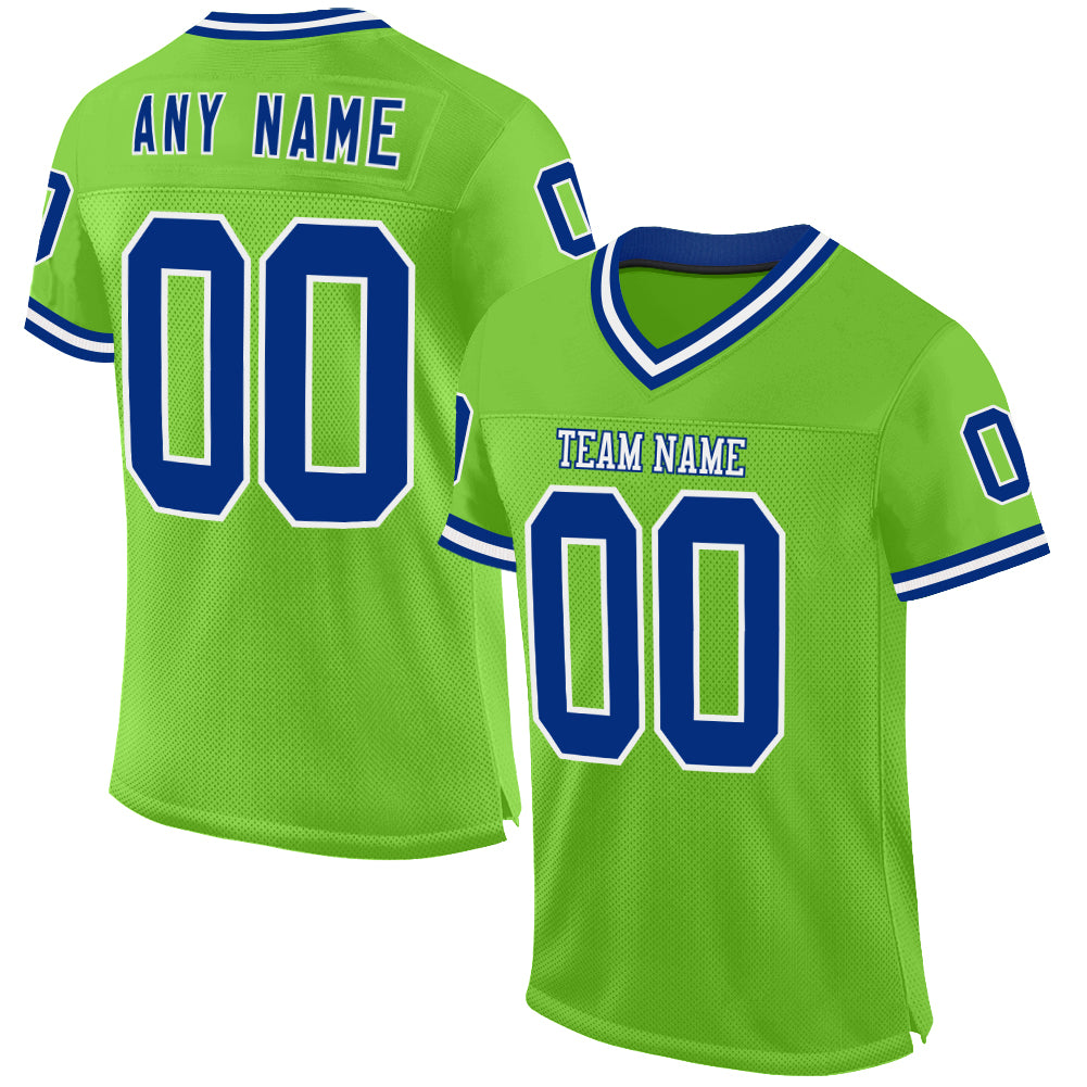 Custom Neon Green Royal-White Mesh Authentic Throwback Football Jersey