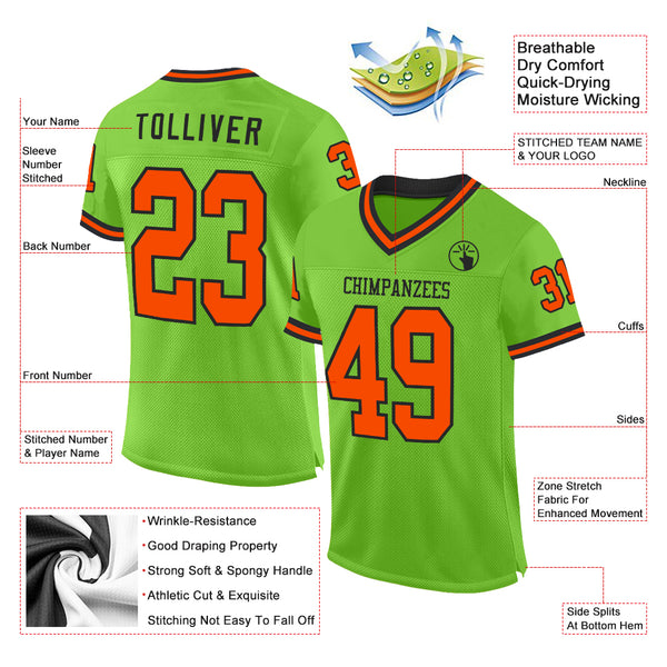 Custom Neon Green Orange-Black Mesh Authentic Throwback Football Jersey