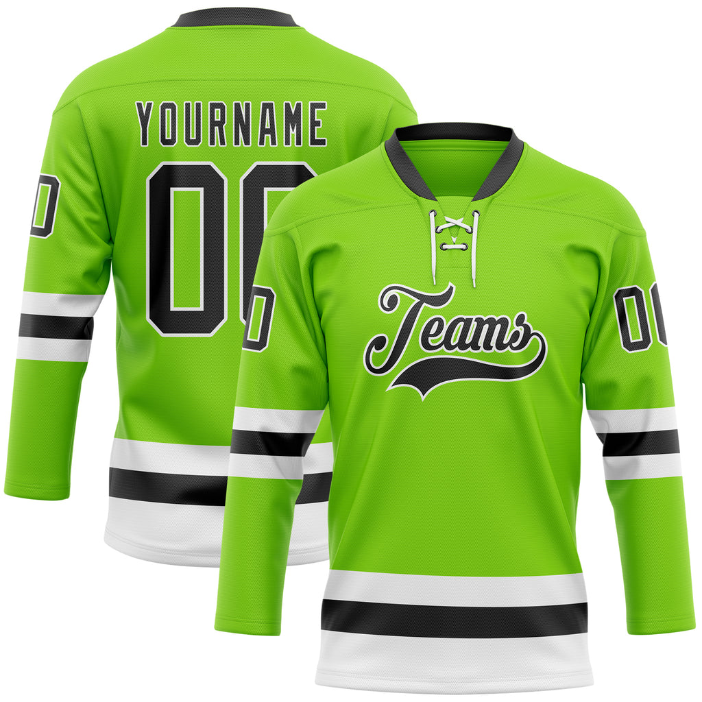 Custom Neon Green Black-White Hockey Lace Neck Jersey