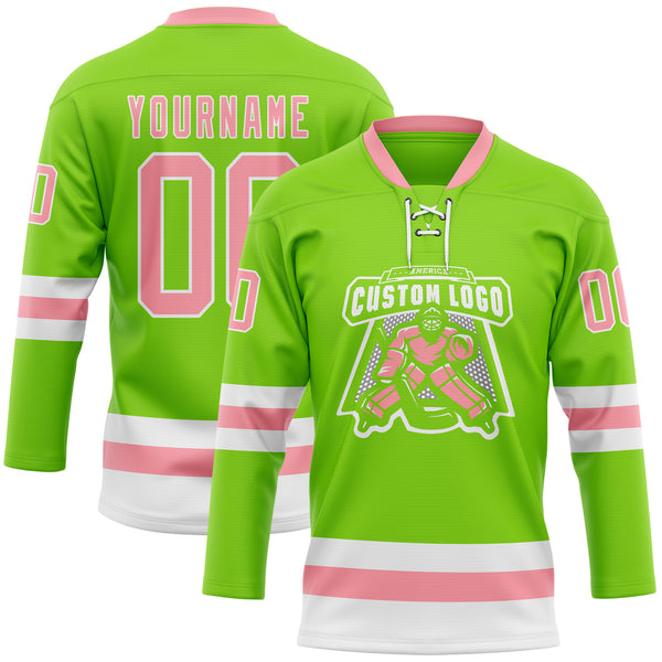 Custom Neon Green Medium Pink-White Hockey Lace Neck Jersey