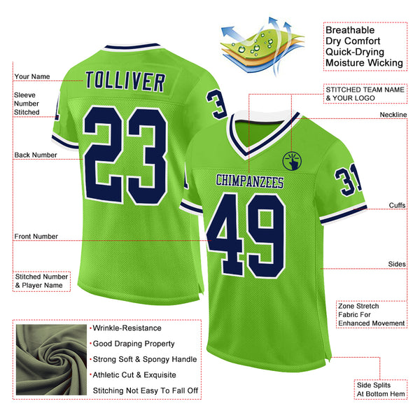 Custom Neon Green Navy-White Mesh Authentic Throwback Football Jersey