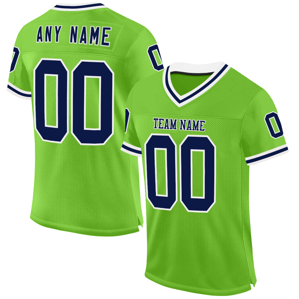 Custom Neon Green Navy-White Mesh Authentic Throwback Football Jersey