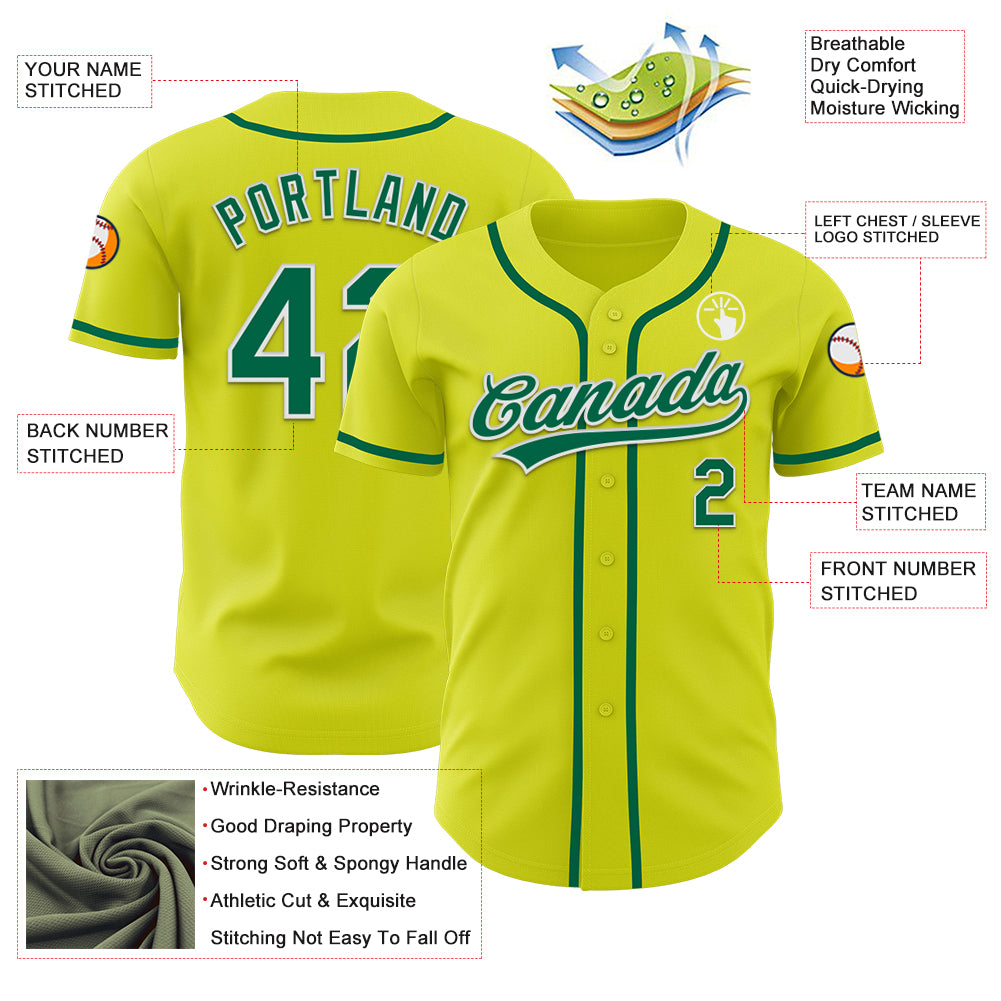 Custom Neon Yellow Kelly Green-White Authentic Baseball Jersey Free ...