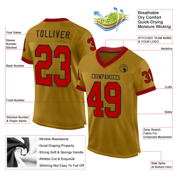 Custom Old Gold Red-Black Mesh Authentic Throwback Football Jersey