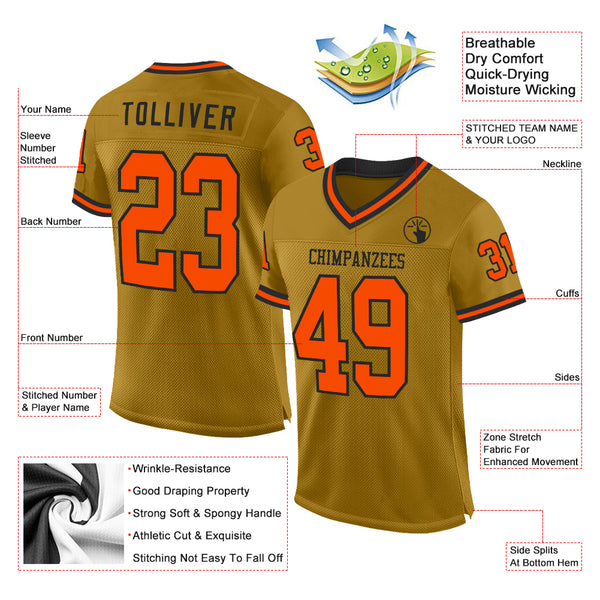 Custom Old Gold Orange-Black Mesh Authentic Throwback Football Jersey